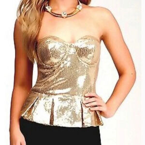 Bebe Uptown Sequin Peplum Bustier Top Gold Size Small NWT